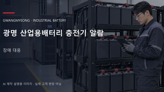 광명 산업용배터리 충전기 알람 안내 표지: 보호안경을 착용하고 배터리 랙 옆에서 점검표를 확인하는 기술자 (AI 제작 설명용 이미지)