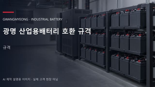 광명 산업용배터리 호환 규격 안내 표지: 밀폐형 산업용배터리 랙과 충전기, 확보된 유지관리 통로 (AI 제작 설명용 이미지)