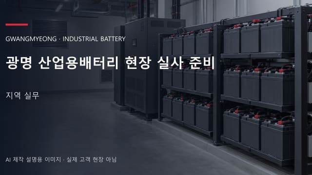 광명 산업용배터리 현장 실사 준비 안내 표지: 밀폐형 산업용배터리 랙과 충전기, 확보된 유지관리 통로 (AI 제작 설명용 이미지)