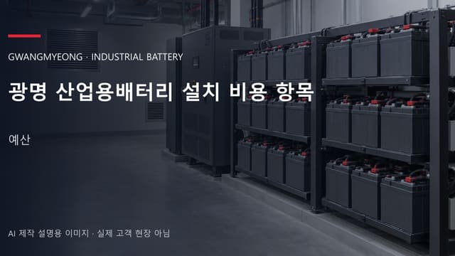광명 산업용배터리 설치 비용 항목 안내 표지: 밀폐형 산업용배터리 랙과 충전기, 확보된 유지관리 통로 (AI 제작 설명용 이미지)