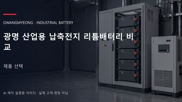 광명 산업용 납축전지 리튬배터리 비교 안내 표지: 산업용 리튬 모듈 캐비닛과 보호·관리 설비 (AI 제작 설명용 이미지)