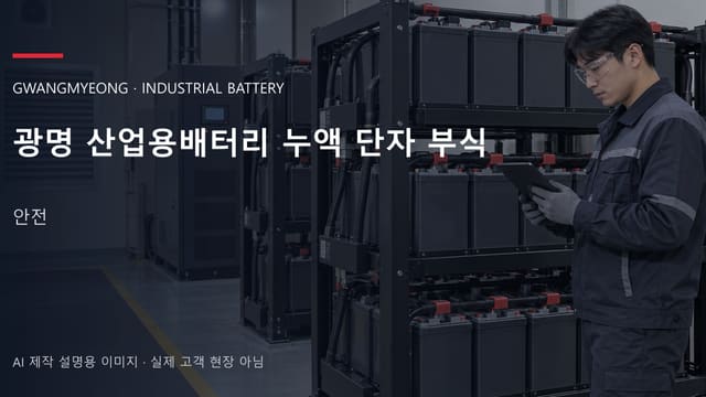 광명 산업용배터리 누액 단자 부식 안내 표지: 보호안경을 착용하고 배터리 랙 옆에서 점검표를 확인하는 기술자 (AI 제작 설명용 이미지)