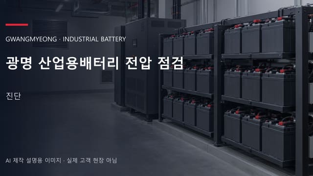 광명 산업용배터리 전압 점검 안내 표지: 밀폐형 산업용배터리 랙과 충전기, 확보된 유지관리 통로 (AI 제작 설명용 이미지)