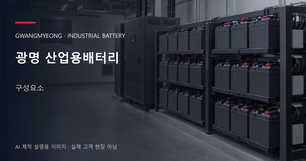 광명 산업용배터리 구성요소 안내 표지: 밀폐형 산업용배터리 랙과 충전기, 확보된 유지관리 통로 (AI 제작 설명용 이미지)
