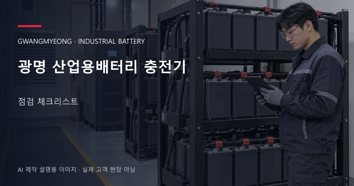 광명 산업용배터리 충전기 점검 체크리스트 안내 표지: 보호안경을 착용하고 배터리 랙 옆에서 점검표를 확인하는 기술자 (AI 제작 설명용 이미지)