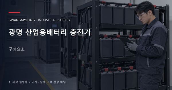 광명 산업용배터리 충전기 구성요소 안내 표지: 보호안경을 착용하고 배터리 랙 옆에서 점검표를 확인하는 기술자 (AI 제작 설명용 이미지)