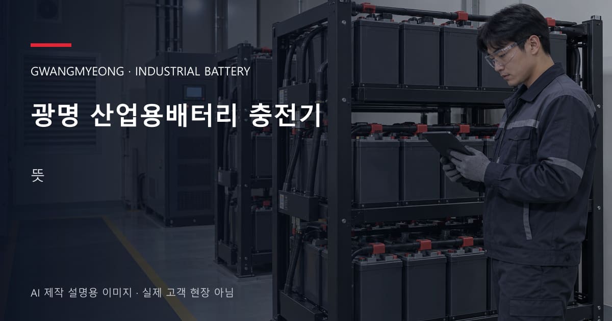 광명 산업용배터리 충전기 뜻 안내 표지: 보호안경을 착용하고 배터리 랙 옆에서 점검표를 확인하는 기술자 (AI 제작 설명용 이미지)
