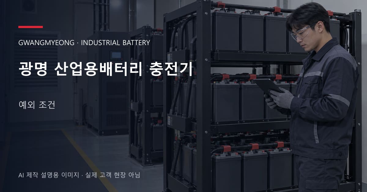 광명 산업용배터리 충전기 예외 조건 안내 표지: 보호안경을 착용하고 배터리 랙 옆에서 점검표를 확인하는 기술자 (AI 제작 설명용 이미지)