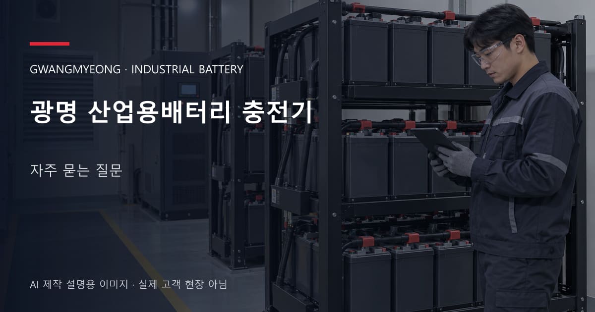 광명 산업용배터리 충전기 자주 묻는 질문 안내 표지: 보호안경을 착용하고 배터리 랙 옆에서 점검표를 확인하는 기술자 (AI 제작 설명용 이미지)