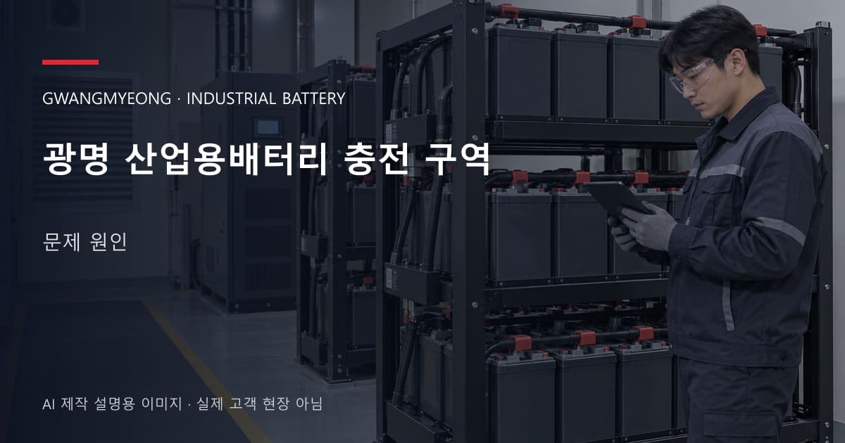 광명 산업용배터리 충전 구역 문제 원인 안내 표지: 보호안경을 착용하고 배터리 랙 옆에서 점검표를 확인하는 기술자 (AI 제작 설명용 이미지)