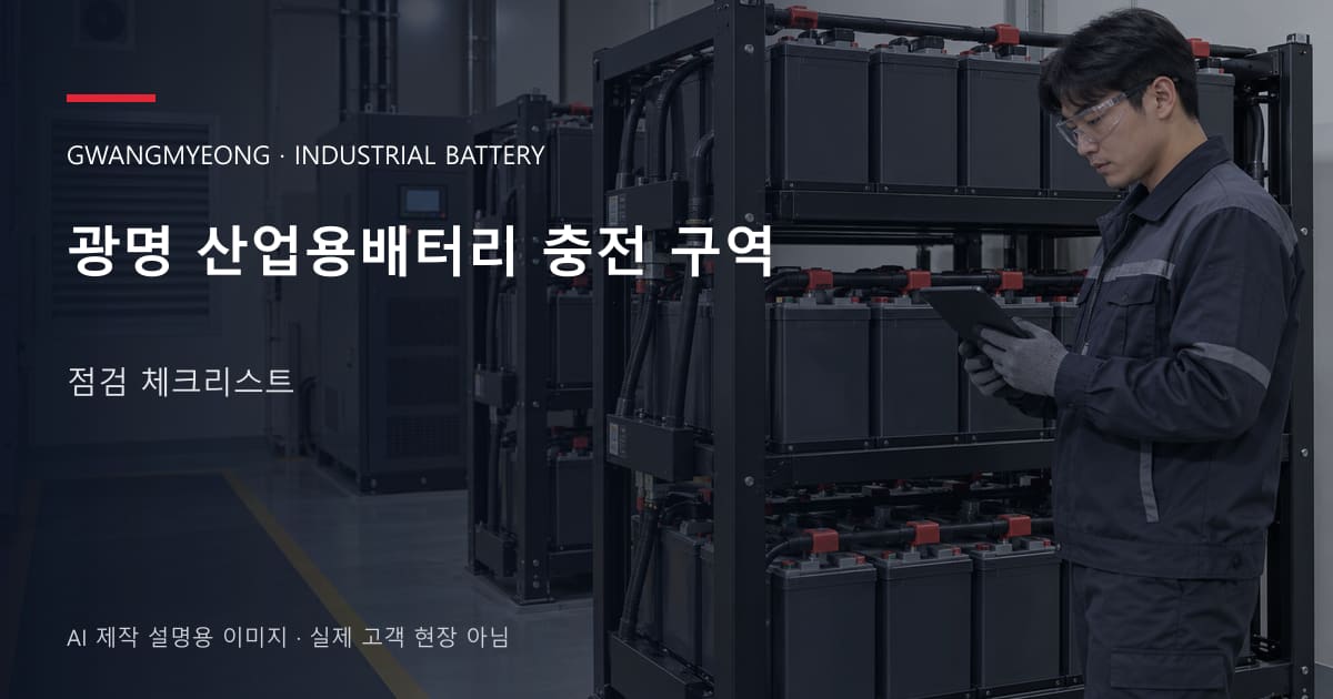 광명 산업용배터리 충전 구역 점검 체크리스트 안내 표지: 보호안경을 착용하고 배터리 랙 옆에서 점검표를 확인하는 기술자 (AI 제작 설명용 이미지)