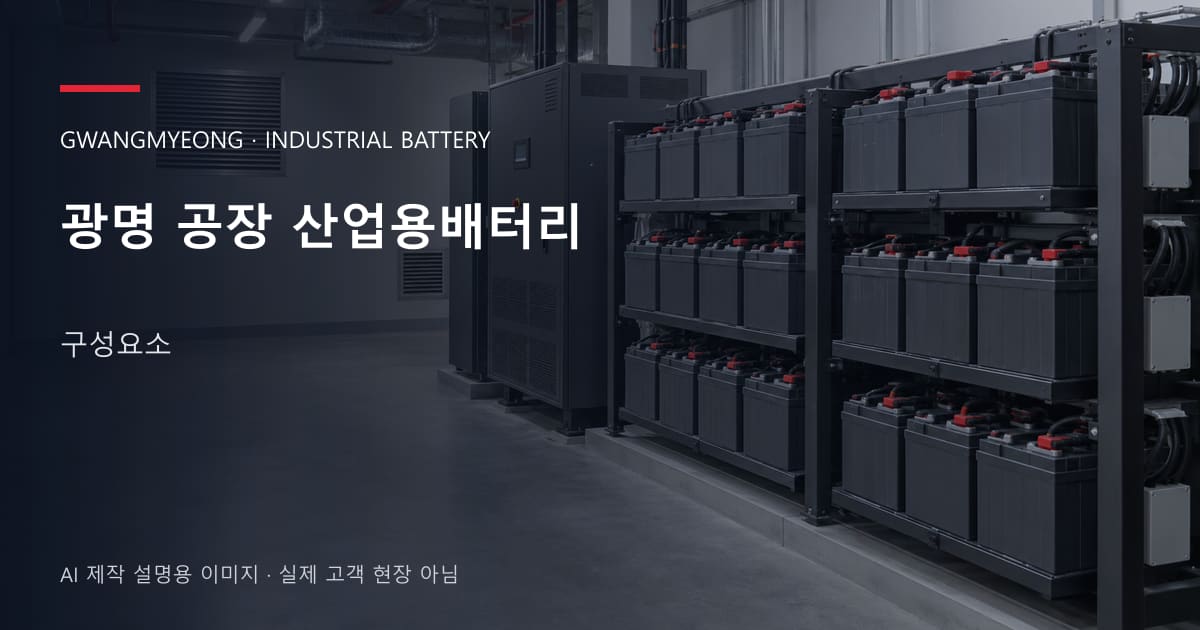 광명 공장 산업용배터리 구성요소 안내 표지: 밀폐형 산업용배터리 랙과 충전기, 확보된 유지관리 통로 (AI 제작 설명용 이미지)