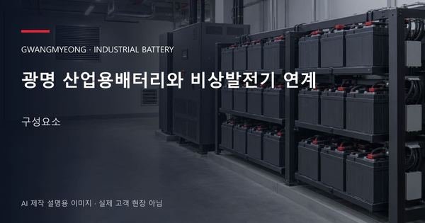 광명 산업용배터리와 비상발전기 연계 구성요소 안내 표지: 밀폐형 산업용배터리 랙과 충전기, 확보된 유지관리 통로 (AI 제작 설명용 이미지)