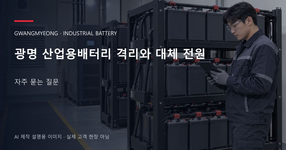 광명 산업용배터리 격리와 대체 전원 자주 묻는 질문 안내 표지: 보호안경을 착용하고 배터리 랙 옆에서 점검표를 확인하는 기술자 (AI 제작 설명용 이미지)