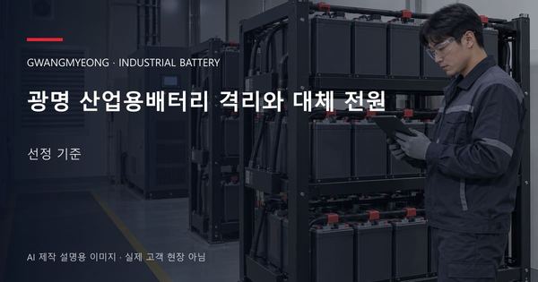 광명 산업용배터리 격리와 대체 전원 선정 기준 안내 표지: 보호안경을 착용하고 배터리 랙 옆에서 점검표를 확인하는 기술자 (AI 제작 설명용 이미지)