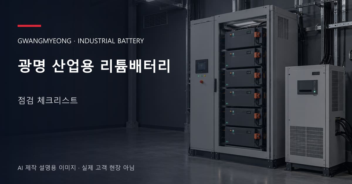 광명 산업용 리튬배터리 점검 체크리스트 안내 표지: 산업용 리튬 모듈 캐비닛과 보호·관리 설비 (AI 제작 설명용 이미지)