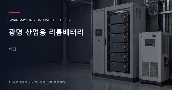 광명 산업용 리튬배터리 비교 안내 표지: 산업용 리튬 모듈 캐비닛과 보호·관리 설비 (AI 제작 설명용 이미지)
