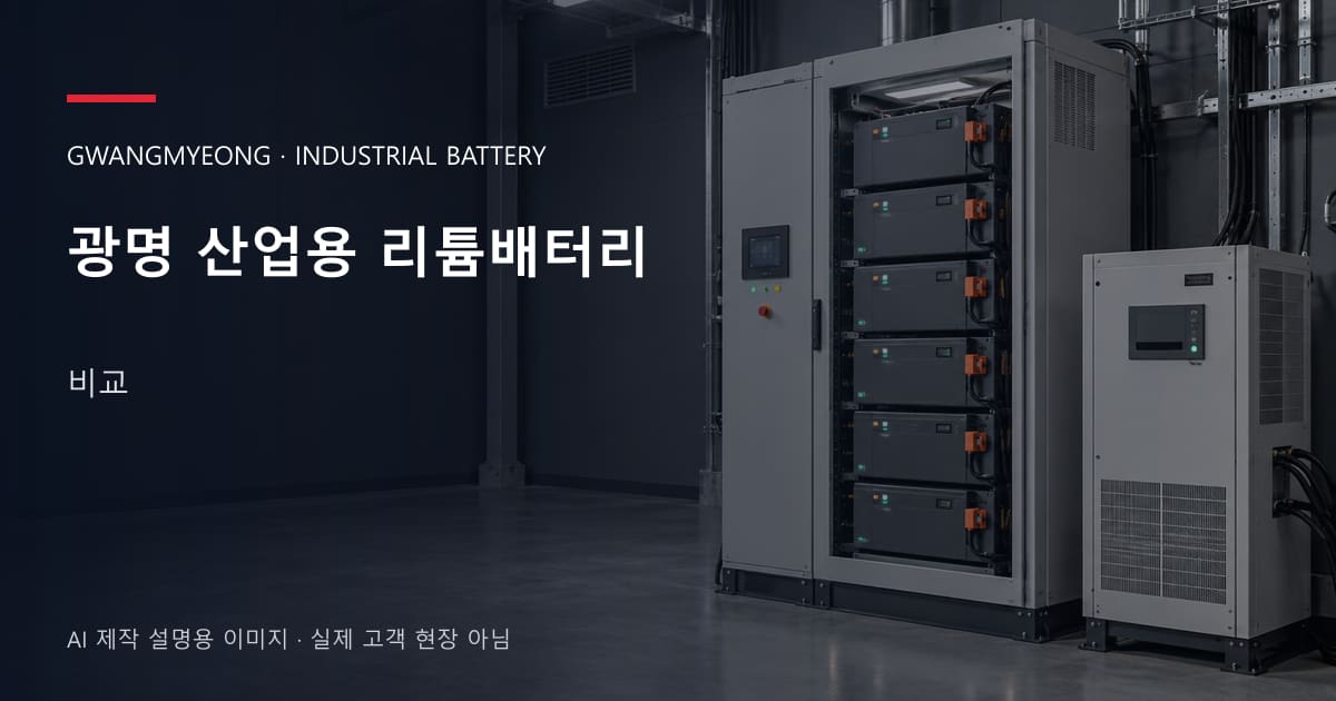 광명 산업용 리튬배터리 비교 안내 표지: 산업용 리튬 모듈 캐비닛과 보호·관리 설비 (AI 제작 설명용 이미지)