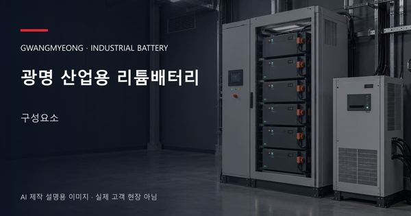 광명 산업용 리튬배터리 구성요소 안내 표지: 산업용 리튬 모듈 캐비닛과 보호·관리 설비 (AI 제작 설명용 이미지)