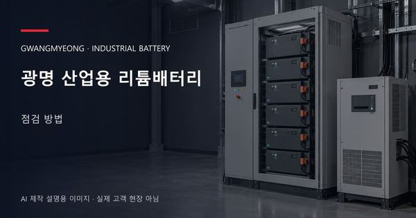 광명 산업용 리튬배터리 점검 방법 안내 표지: 산업용 리튬 모듈 캐비닛과 보호·관리 설비 (AI 제작 설명용 이미지)