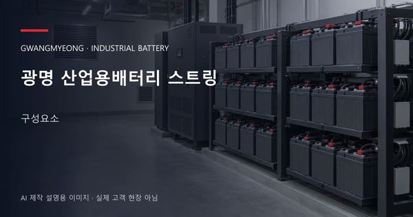 광명 산업용배터리 스트링 구성요소 안내 표지: 밀폐형 산업용배터리 랙과 충전기, 확보된 유지관리 통로 (AI 제작 설명용 이미지)