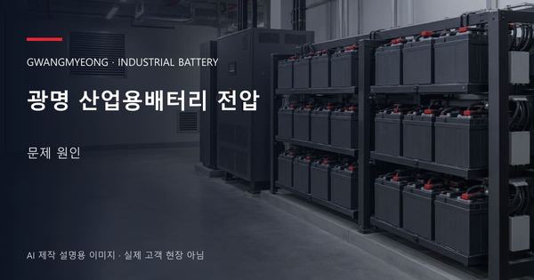 광명 산업용배터리 전압 문제 원인 안내 표지: 밀폐형 산업용배터리 랙과 충전기, 확보된 유지관리 통로 (AI 제작 설명용 이미지)