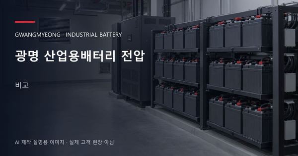 광명 산업용배터리 전압 비교 안내 표지: 밀폐형 산업용배터리 랙과 충전기, 확보된 유지관리 통로 (AI 제작 설명용 이미지)