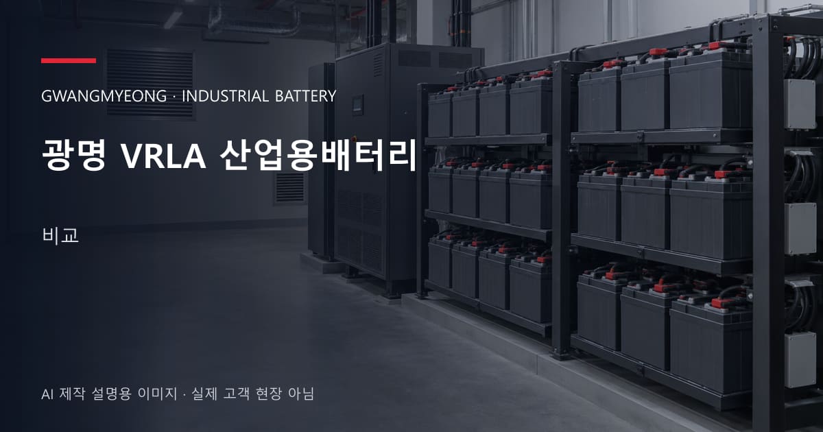 광명 VRLA 산업용배터리 비교 안내 표지: 밀폐형 산업용배터리 랙과 충전기, 확보된 유지관리 통로 (AI 제작 설명용 이미지)