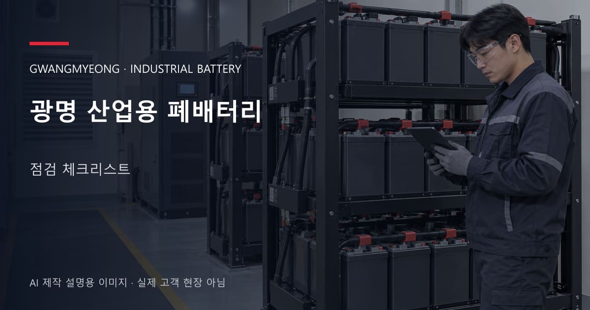 광명 산업용 폐배터리 점검 체크리스트 안내 표지: 보호안경을 착용하고 배터리 랙 옆에서 점검표를 확인하는 기술자 (AI 제작 설명용 이미지)