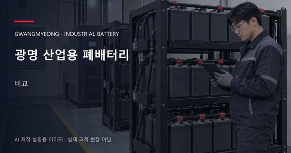 광명 산업용 폐배터리 비교 안내 표지: 보호안경을 착용하고 배터리 랙 옆에서 점검표를 확인하는 기술자 (AI 제작 설명용 이미지)