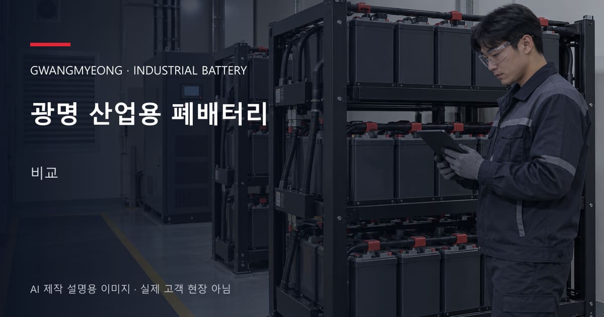 광명 산업용 폐배터리 비교 안내 표지: 보호안경을 착용하고 배터리 랙 옆에서 점검표를 확인하는 기술자 (AI 제작 설명용 이미지)